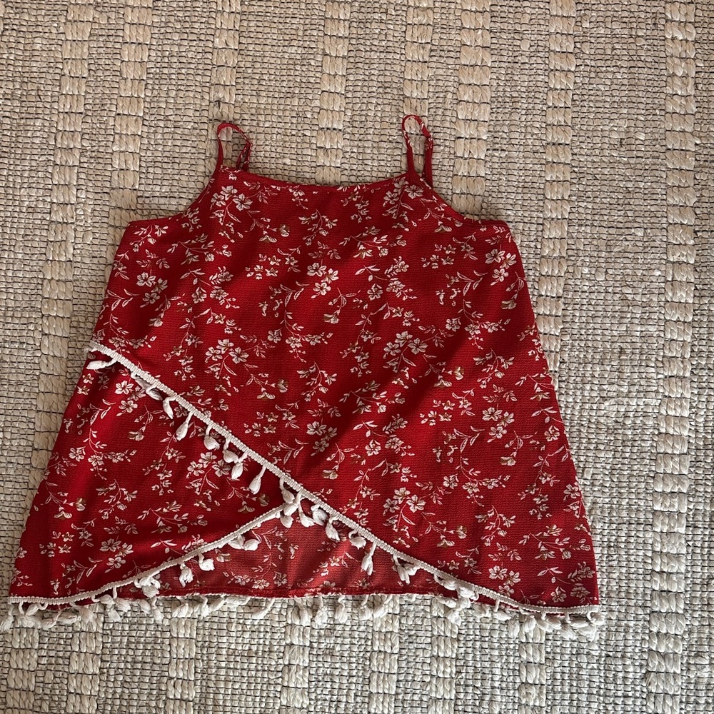 Red Floral Tassel-Trim Tank Top